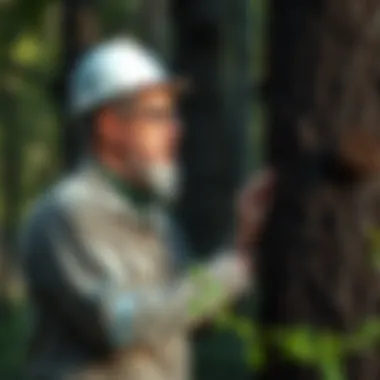 Arborist Assessing Tree Health An expert arborist analyzing tree health indicators before pruning