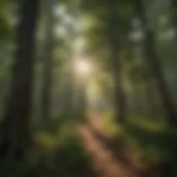 Dappled sunlight filtering through dense forest canopy