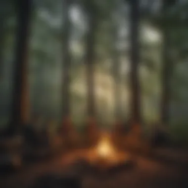 Campers enjoying a peaceful evening around a campfire in a South Carolina forest.