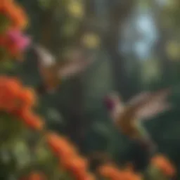 A vibrant hummingbird hovering near a colorful flower