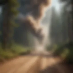 Dust cloud rising from a dirt road amidst a forest