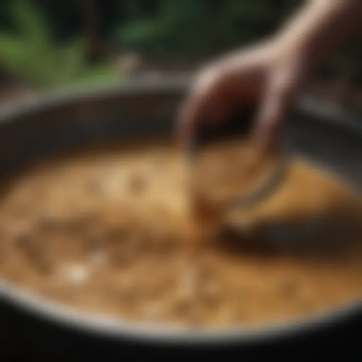 Close-up of sediment being sifted through a pan revealing gold flakes