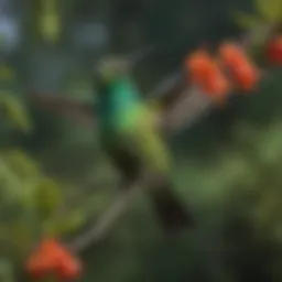 A vibrant bright green hummingbird perched on a branch, showcasing its iridescent feathers.