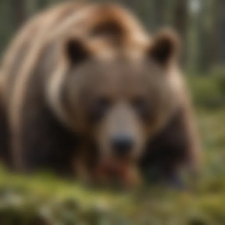 A close-up of a brown bear foraging for food in the wilderness