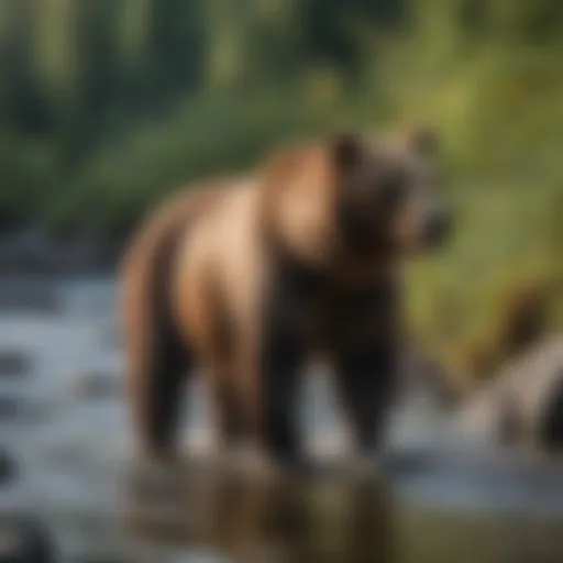 A majestic brown bear in its natural habitat by a river