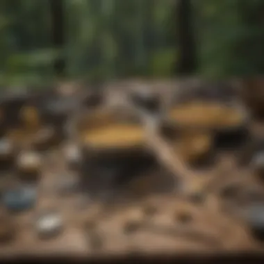 An array of gold panning tools laid out on a wooden surface.