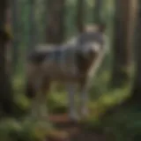 A grey wolf roaming in a dense forest