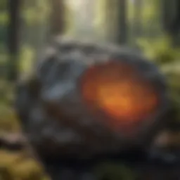 A close-up view of a large volcanic rock in a forest setting, showcasing its unique texture and colors.
