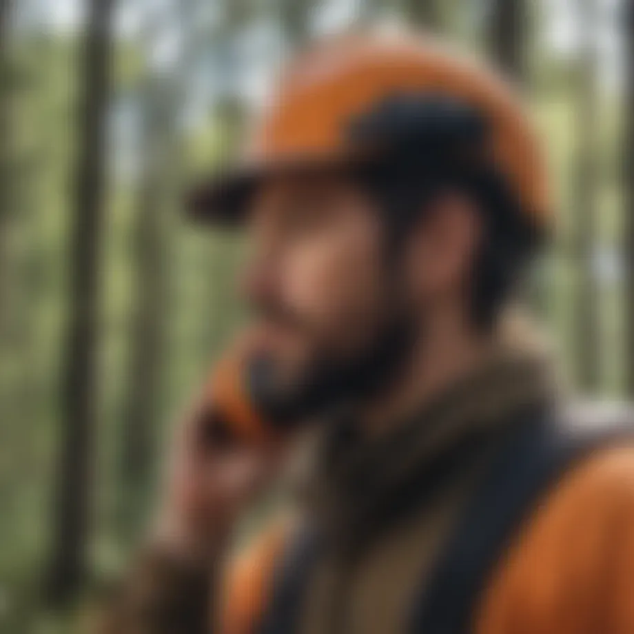 Forestry worker using protective hearing gear in a wooded area