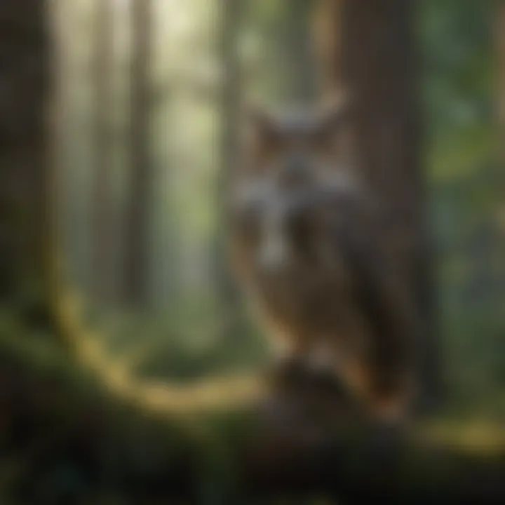 A serene forest scene with owls in their natural habitat, emphasizing their ecological role.