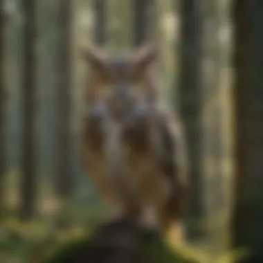 An owl watcher equipped with binoculars, observing owls from a distance in a woodland area.