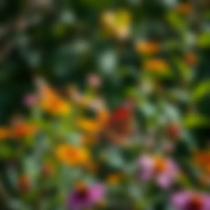 Ideal Butterfly Habitat A serene habitat featuring a variety of plants and flowers attracting butterflies.