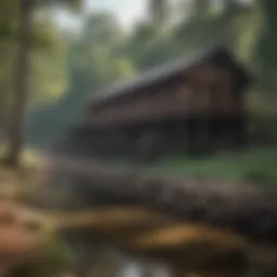 A historic lumber mill nestled in the East Texas pine forests, showcasing traditional architecture.