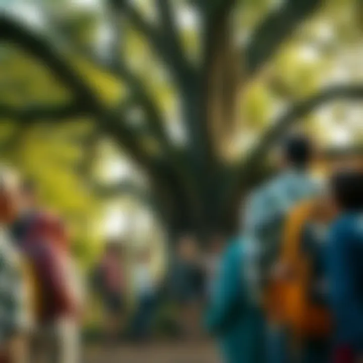 A vibrant community gathering around a tree, celebrating culture and memory