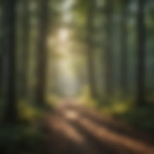 Serene forest landscape with sunlight filtering through the trees