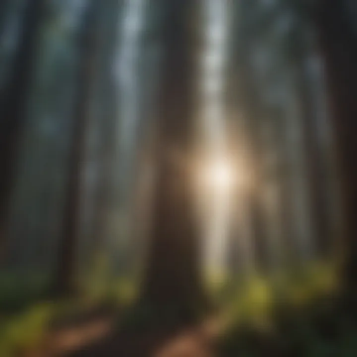 Sunlight filtering through the towering canopy