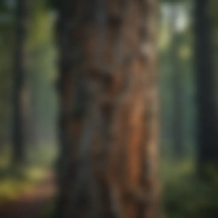 A serene forest landscape with a focus on the interaction between bark and surrounding flora.