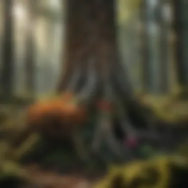 Biodiversity in Bark Habitats A vibrant forest scene depicting various organisms residing in and around bark.