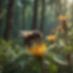 Bumblebee pollinating a vibrant flower in a lush forest