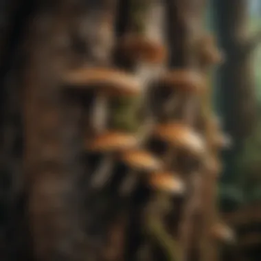 A close-up view of shelf mushrooms growing on a tree trunk, showcasing their intricate textures and patterns.