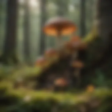 A vibrant forest scene illustrating the diversity of flora and fauna surrounding shelf mushrooms on trees.