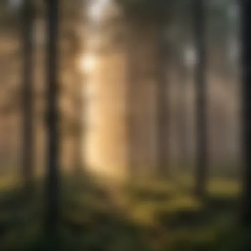 A serene forest at dawn with silhouettes of trees and the soft glow of sunrise