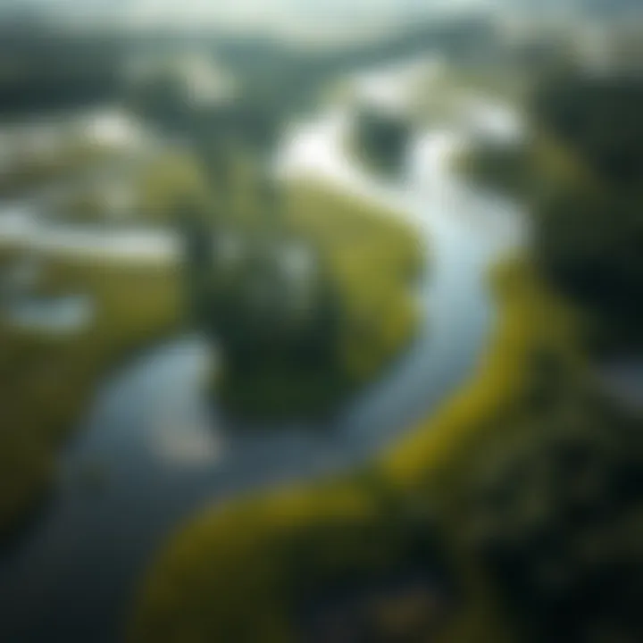 Aerial view of wetlands illustrating their hydrological functions.