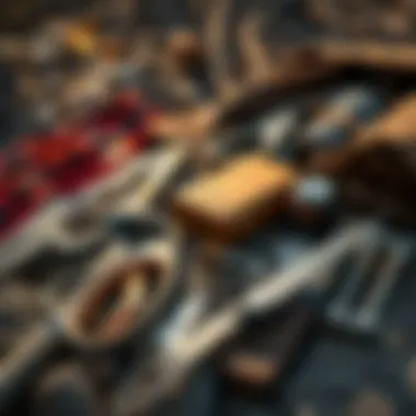 Close-up of essential hiking gear laid out on a rocky surface