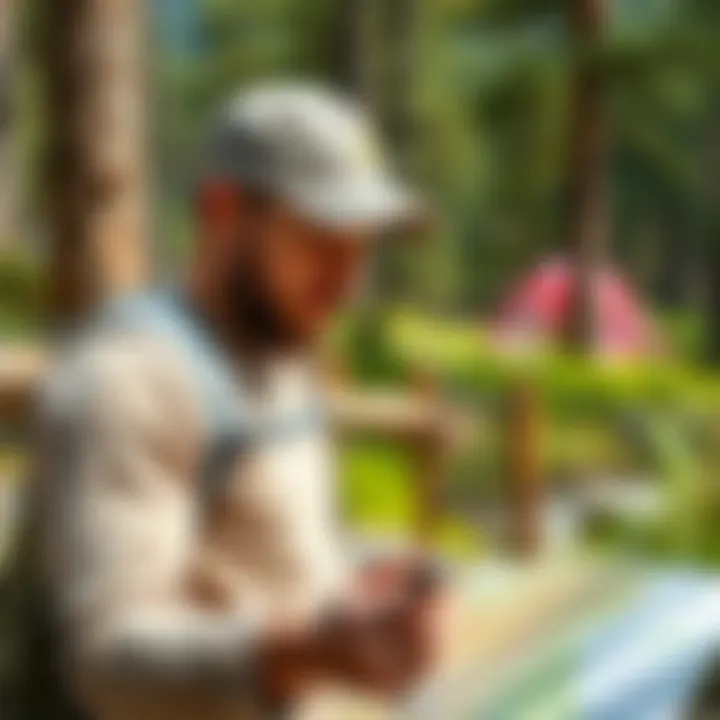 A hiker navigating a trail map with a scenic backdrop