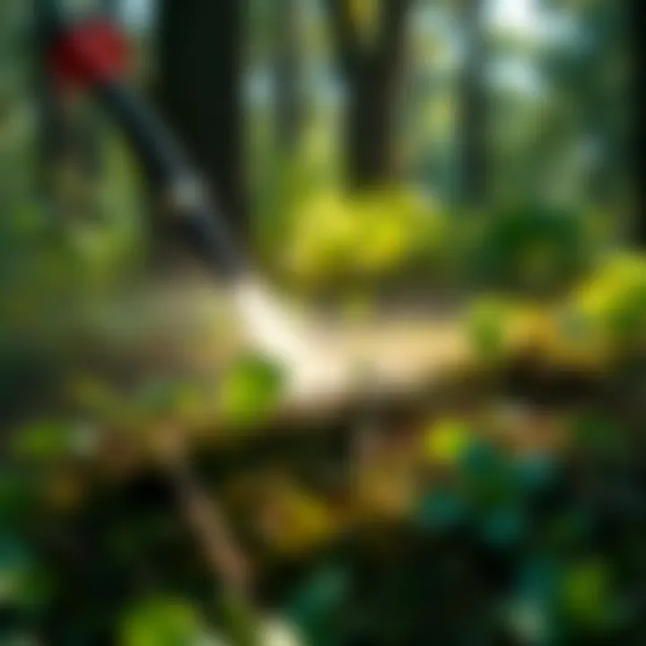 A close-up view of a brush killer application on dense vegetation