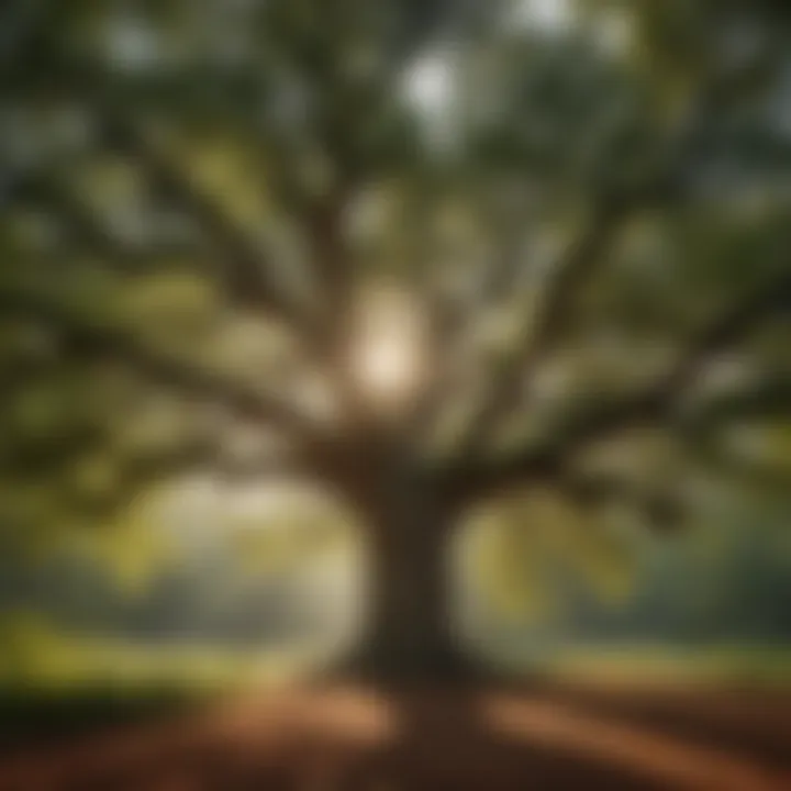 A majestic oak tree showcasing its wide canopy in a lush Illinois forest.