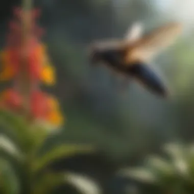 Carpenter Bee in Flight Near Blooming Plant Carpenter bee hovering near a blooming plant