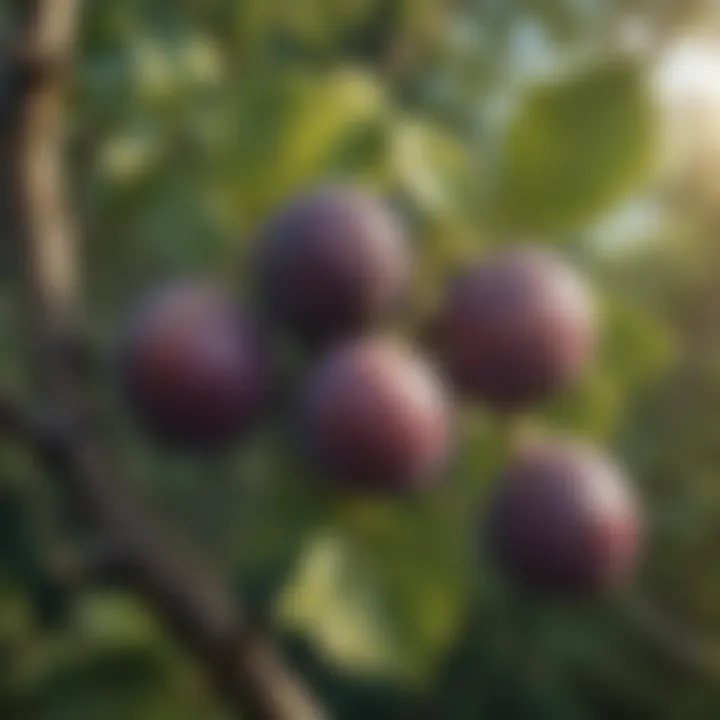 A close-up of ripe figs on a tree branch, showcasing their unique texture and color.