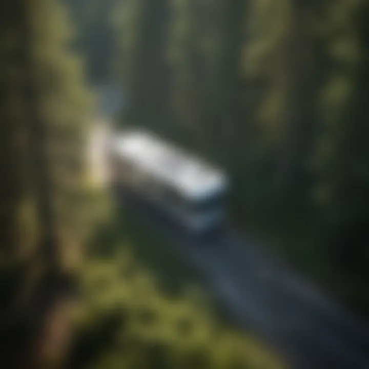 An aerial view of a Frazer RV in a forested environment