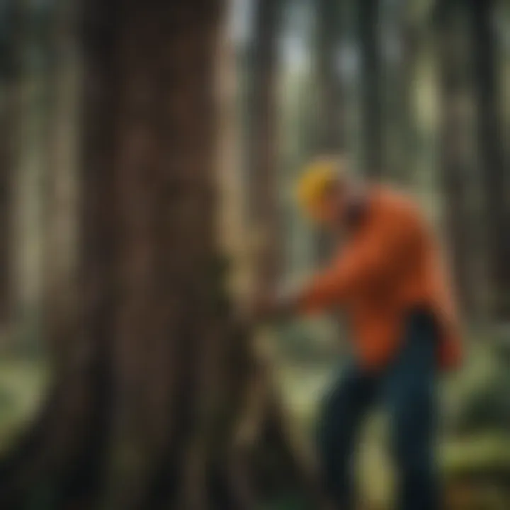 A professional tree cutting service team assessing a tree for removal.