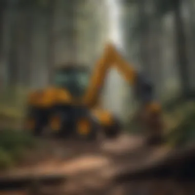 A mini log loader maneuvering through a dense forest