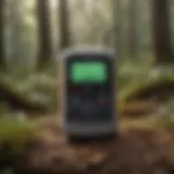 Digital moisture meter displaying readings in a forest setting
