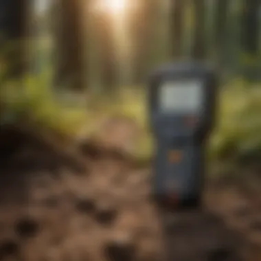 Soil moisture meter measuring moisture in woodland soil