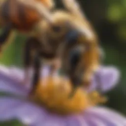 A close-up of a bee collecting pollen from a vibrant flower.
