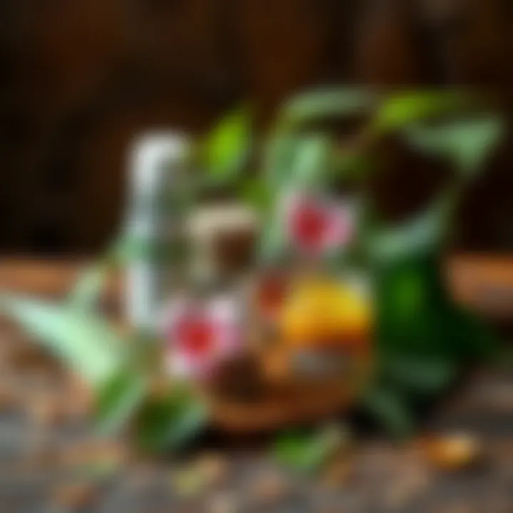 Natural remedies displayed on a wooden surface, including aloe vera and witch hazel