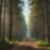 A serene forest landscape with high voltage power lines integrated harmoniously.