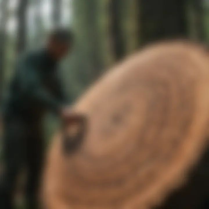 A close-up of a forestry surveyor examining tree growth rings to assess forest health