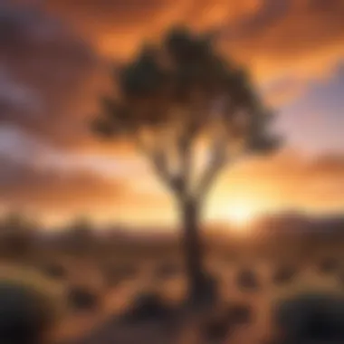 Joshua Trees at Sunset A picturesque landscape of Joshua Trees against a vibrant sunset sky.