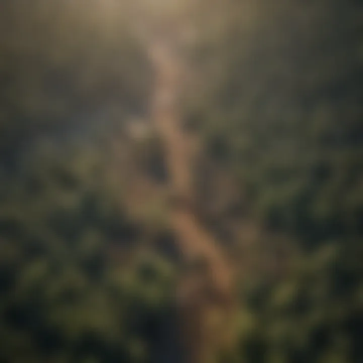 Aerial view of deforested land versus forested area