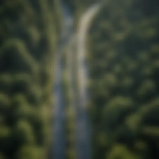 Aerial view of an urban air scenic highway integrating green spaces