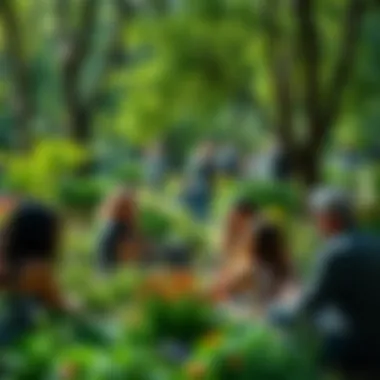 Community gathering in a green urban space promoting well-being