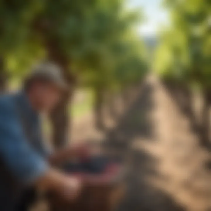 Winemakers inspecting grapes in a vineyard