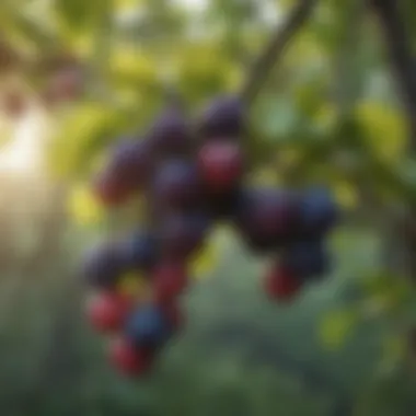 Cluster of ripe wild plums hanging on branches, illustrating color variations