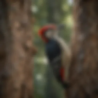 Close-up of a woodpecker drilling into a tree trunk