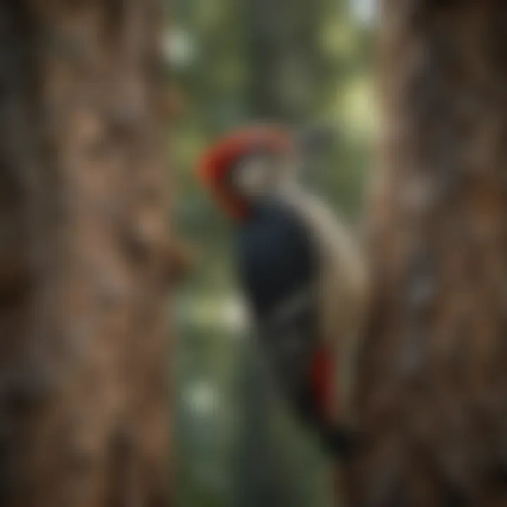 Close-up of a woodpecker drilling into a tree trunk